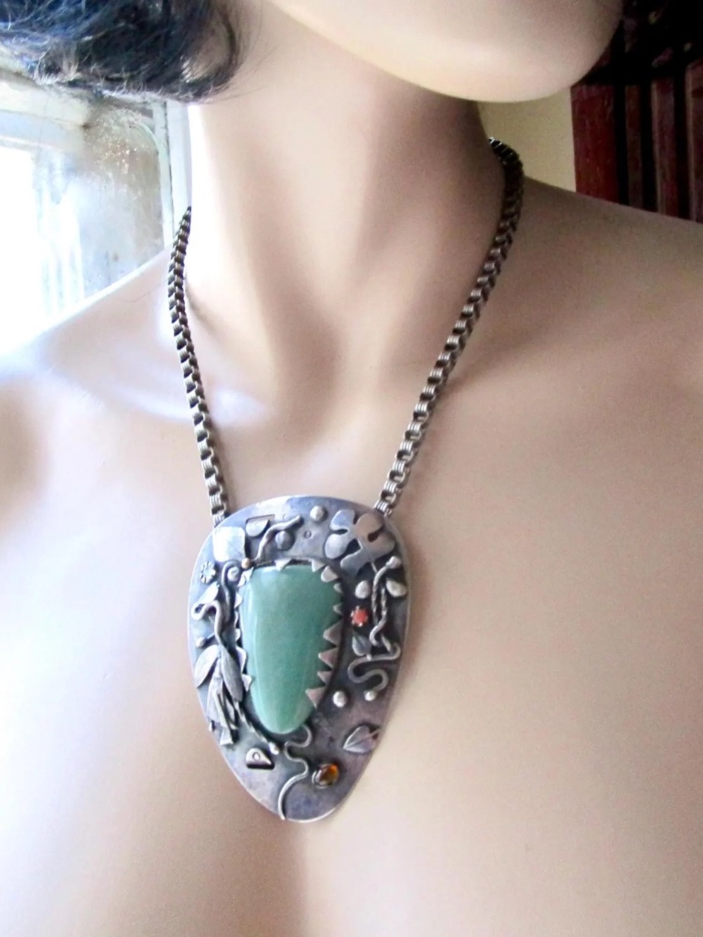 OOAK Arts & Crafts style vintage necklace with large aventurine & smaller stones